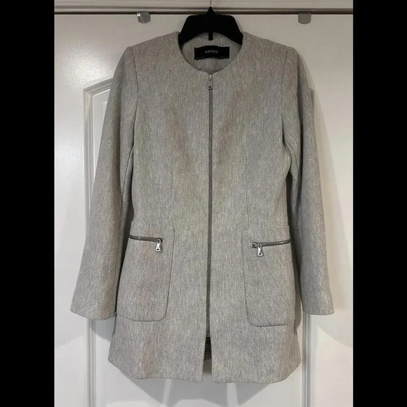 ZARA Gray Marl Herringbone Frock Blazer Jacket Zip Up Stretchy Career Medium - Picture 3 of 15